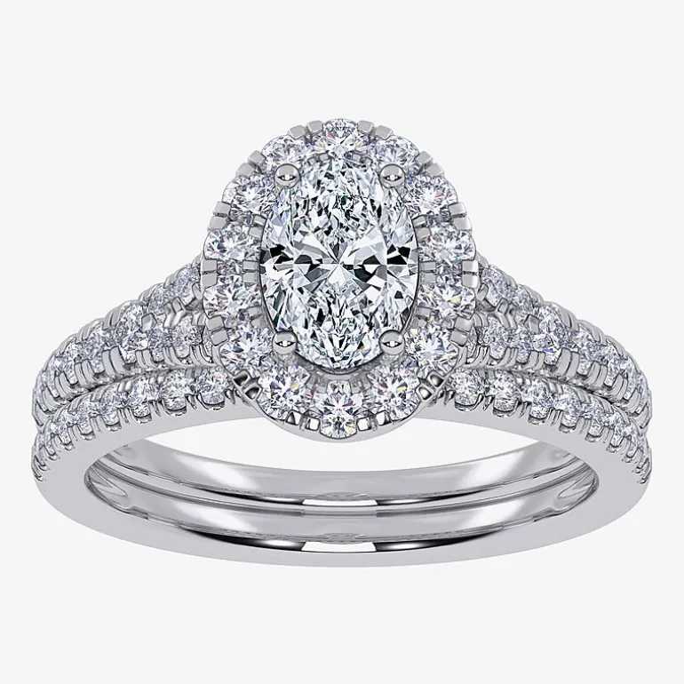 (G / Vs2-Si1) Womens 1 CT. T.W. Lab Grown White Diamond 10K Gold Oval Side Stone Halo Bridal Set