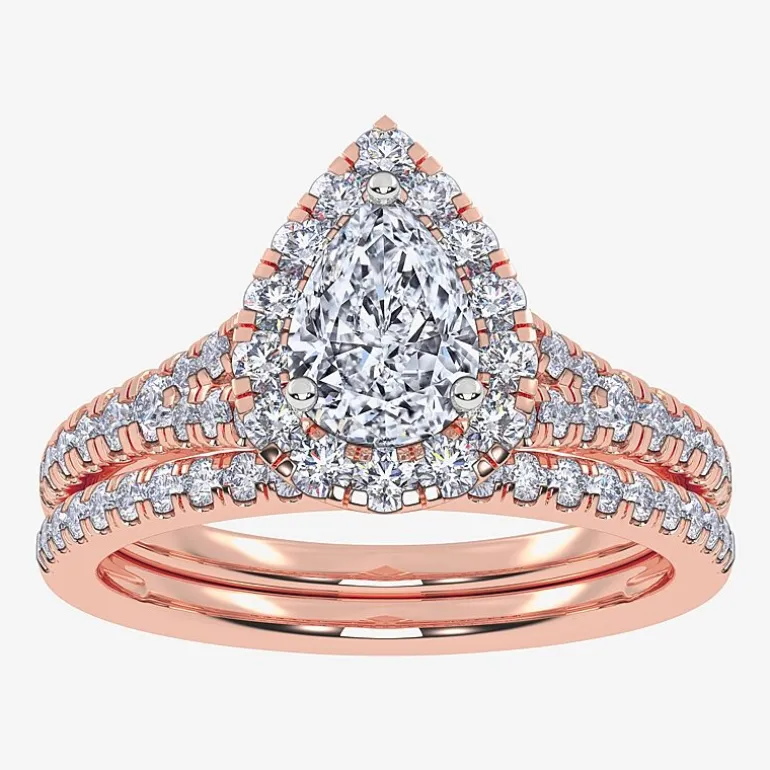 (G / Vs2-Si1) Womens 1 CT. T.W. Lab Grown White Diamond 10K Gold Pear Side Stone Halo Bridal Set