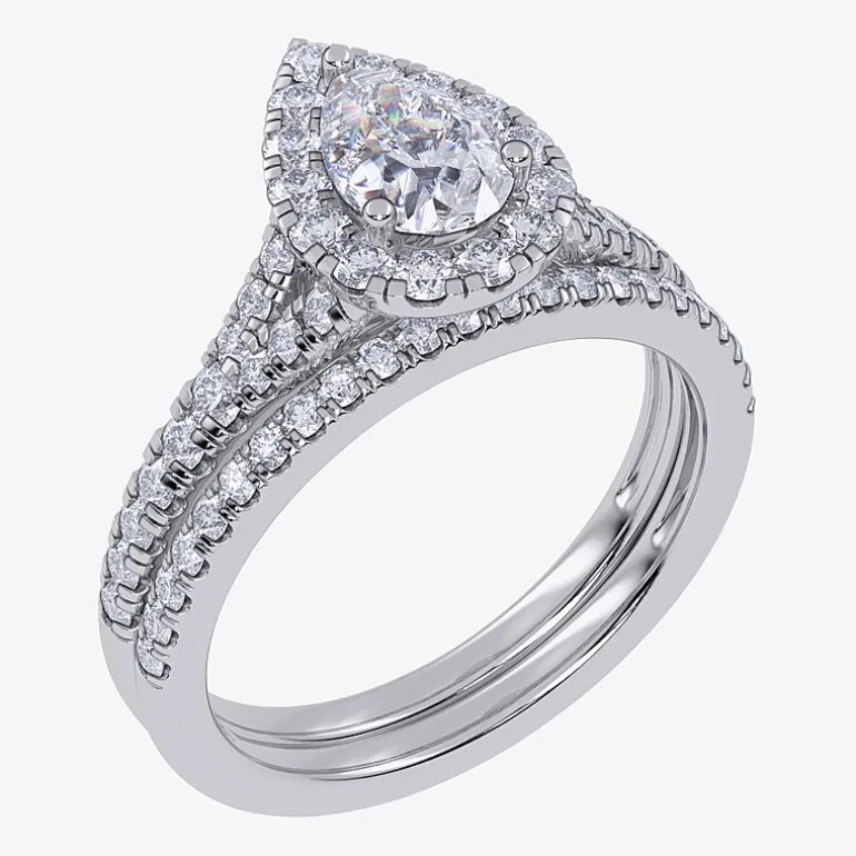 (G / Vs2-Si1) Womens 1 CT. T.W. Lab Grown White Diamond 10K Gold Pear Side Stone Halo Bridal Set