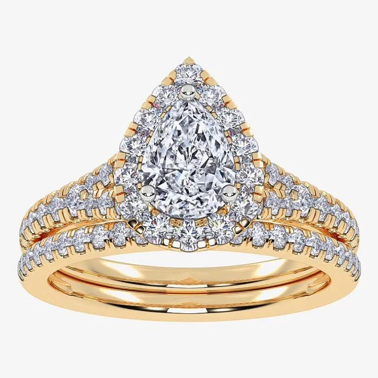 (G / Vs2-Si1) Womens 1 CT. T.W. Lab Grown White Diamond 10K Gold Pear Side Stone Halo Bridal Set