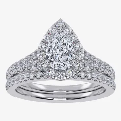 (G / Vs2-Si1) Womens 1 CT. T.W. Lab Grown White Diamond 10K Gold Pear Side Stone Halo Bridal Set