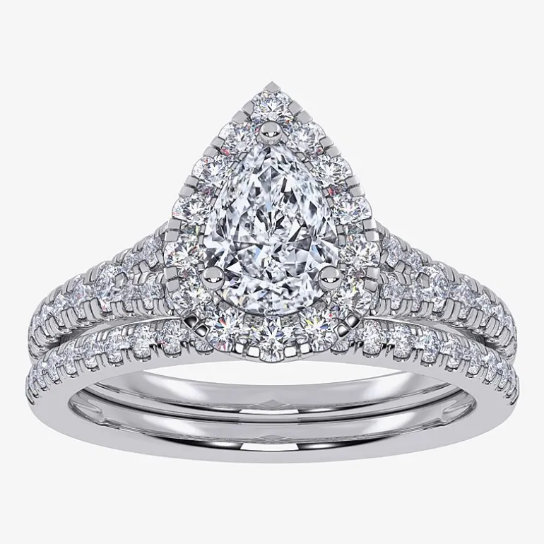(G / Vs2-Si1) Womens 1 CT. T.W. Lab Grown White Diamond 10K Gold Pear Side Stone Halo Bridal Set