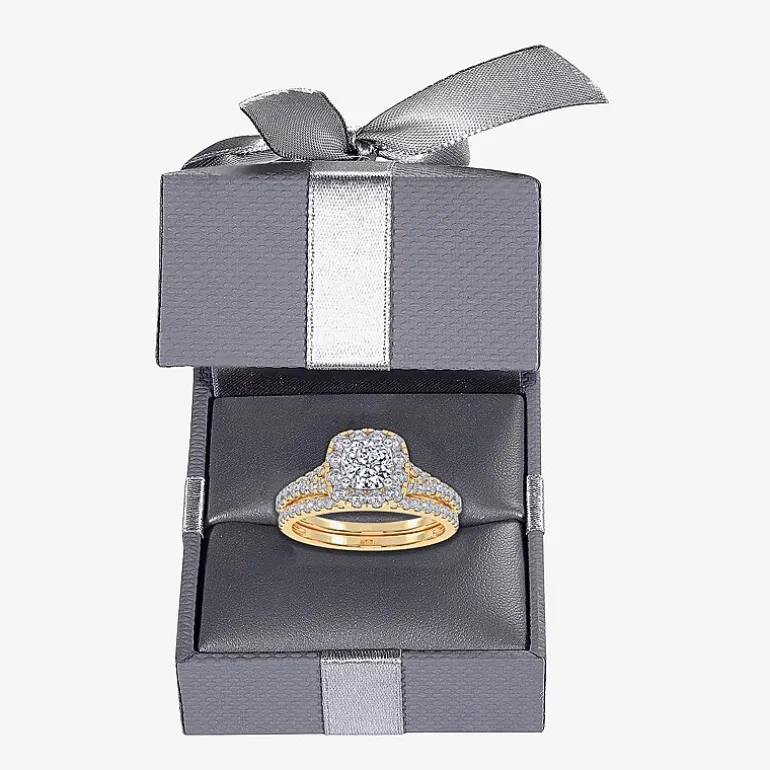 (G / Vs2-Si1) Womens 1 CT. T.W. Lab Grown White Diamond 10K Gold Cushion Side Stone Halo Bridal Set