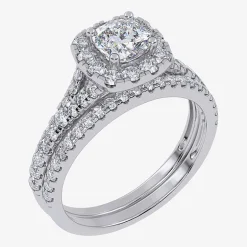 (G / Vs2-Si1) Womens 1 CT. T.W. Lab Grown White Diamond 10K Gold Cushion Side Stone Halo Bridal Set
