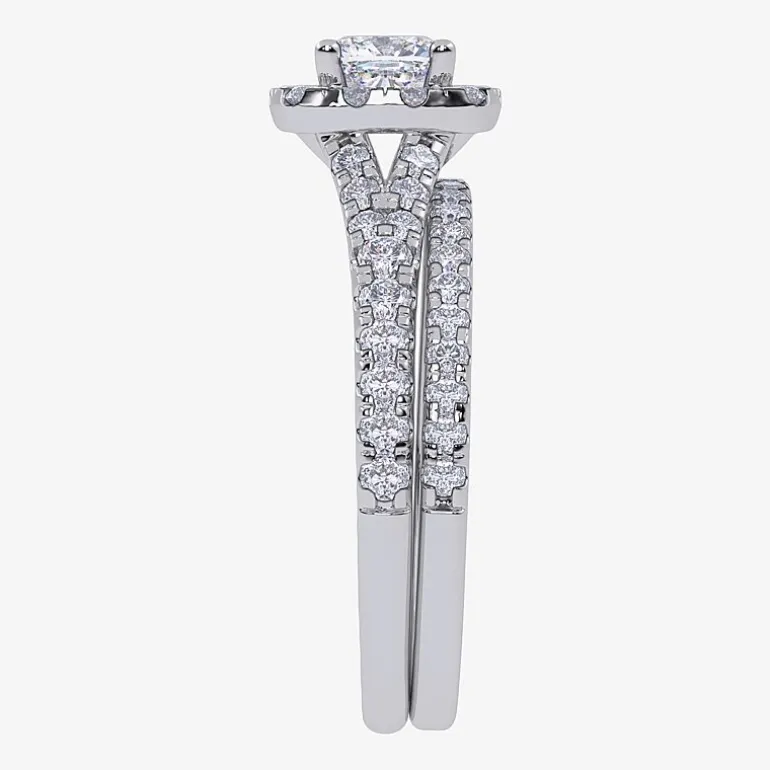 (G / Vs2-Si1) Womens 1 CT. T.W. Lab Grown White Diamond 10K Gold Cushion Side Stone Halo Bridal Set