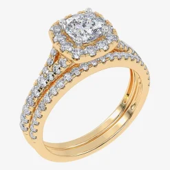 (G / Vs2-Si1) Womens 1 CT. T.W. Lab Grown White Diamond 10K Gold Cushion Side Stone Halo Bridal Set
