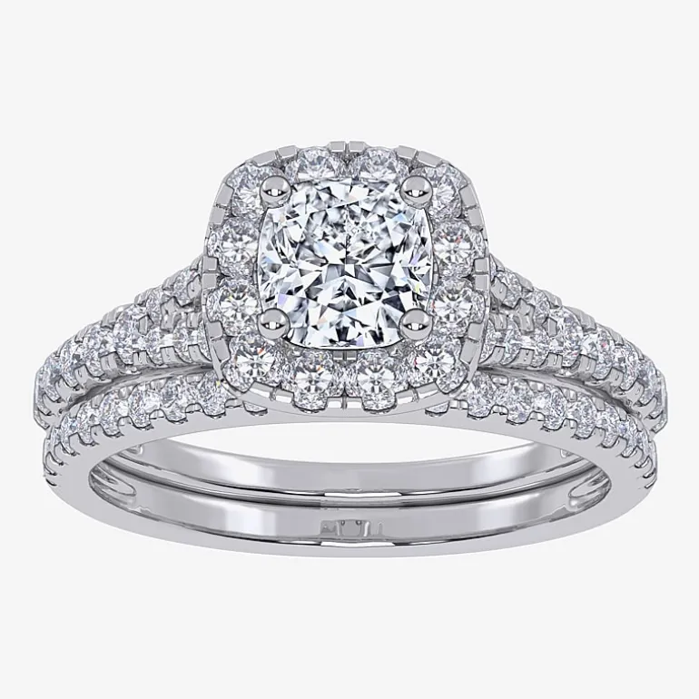 (G / Vs2-Si1) Womens 1 CT. T.W. Lab Grown White Diamond 10K Gold Cushion Side Stone Halo Bridal Set