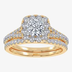 (G / Vs2-Si1) Womens 1 CT. T.W. Lab Grown White Diamond 10K Gold Cushion Side Stone Halo Bridal Set