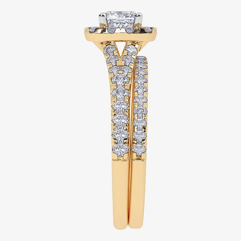 (G / Vs2-Si1) Womens 1 CT. T.W. Lab Grown White Diamond 10K Gold Cushion Side Stone Halo Bridal Set