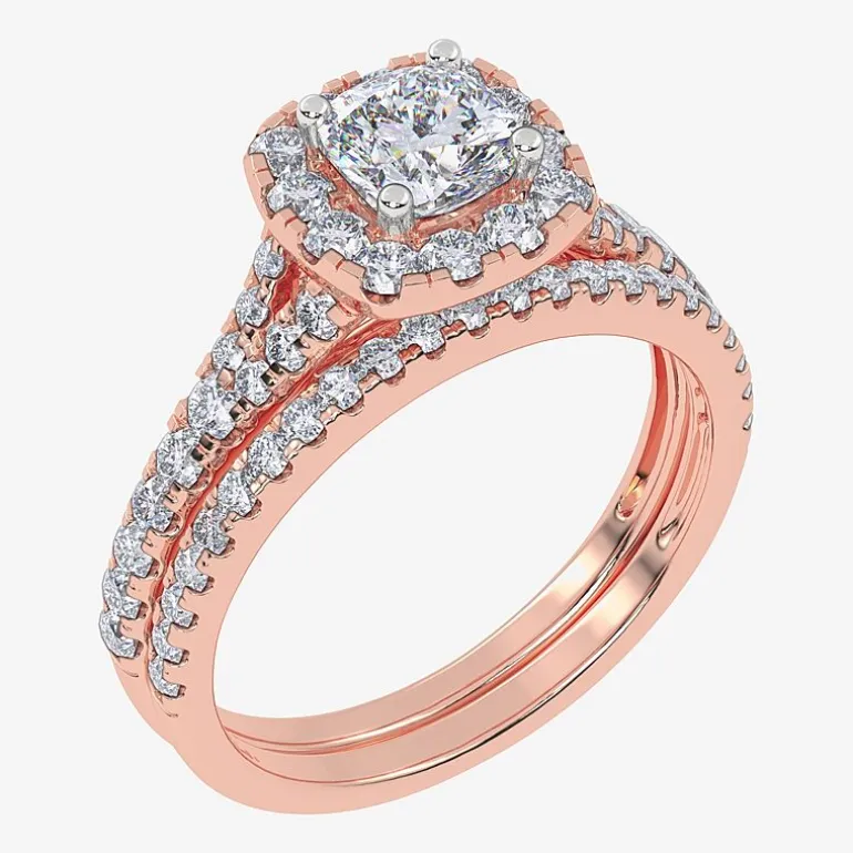 (G / Vs2-Si1) Womens 1 CT. T.W. Lab Grown White Diamond 10K Gold Cushion Side Stone Halo Bridal Set