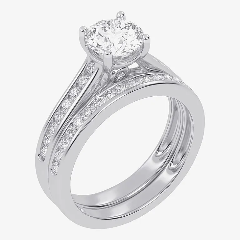 (G / Vs2-Si1) Womens 1 1/2 CT. T.W. Lab Grown White Diamond 10K Gold Round Side Stone Bridal Set
