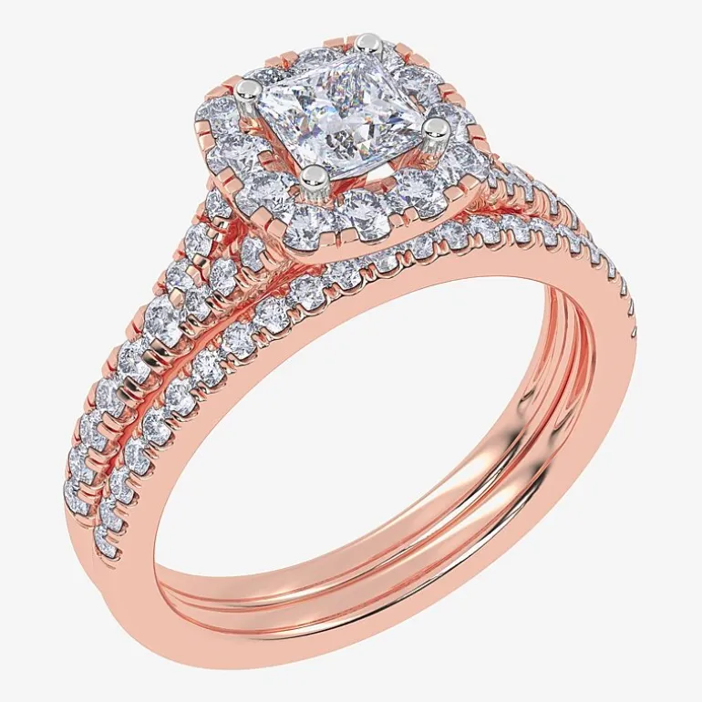 (G / Vs2-Si1) Womens 1 CT. T.W. Lab Grown White Diamond 10K Gold Side Stone Halo Bridal Set