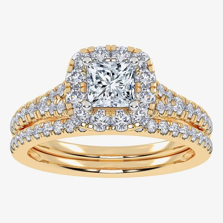 (G / Vs2-Si1) Womens 1 CT. T.W. Lab Grown White Diamond 10K Gold Side Stone Halo Bridal Set