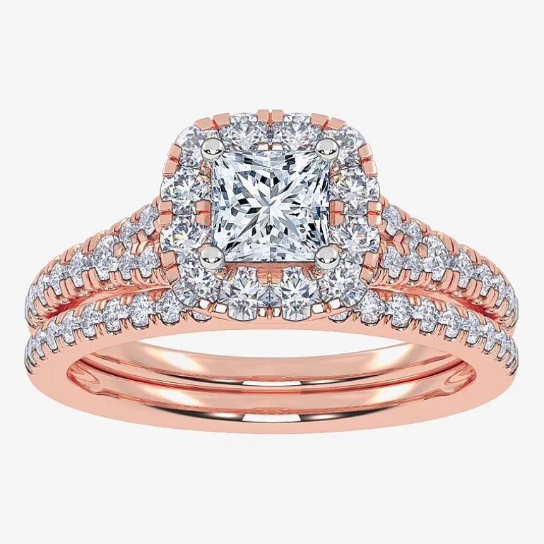 (G / Vs2-Si1) Womens 1 CT. T.W. Lab Grown White Diamond 10K Gold Side Stone Halo Bridal Set