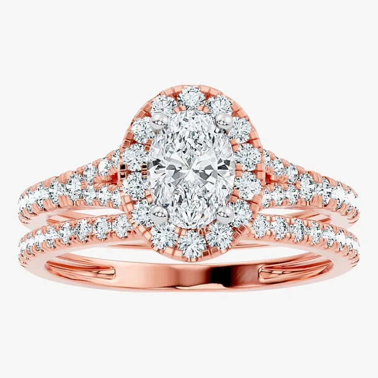 (G / Vs2-Si1) Womens 1 CT. T.W. Lab Grown White Diamond 10K Gold Oval Side Stone Halo Bridal Set