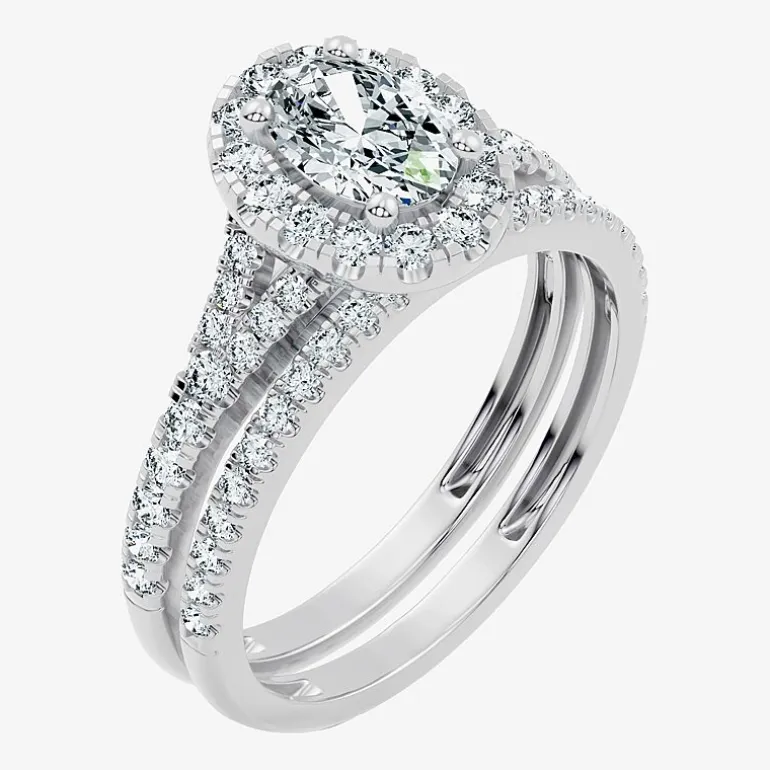 (G / Vs2-Si1) Womens 1 CT. T.W. Lab Grown White Diamond 10K Gold Oval Side Stone Halo Bridal Set