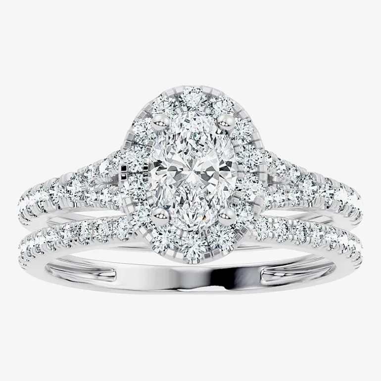 (G / Vs2-Si1) Womens 1 CT. T.W. Lab Grown White Diamond 10K Gold Oval Side Stone Halo Bridal Set