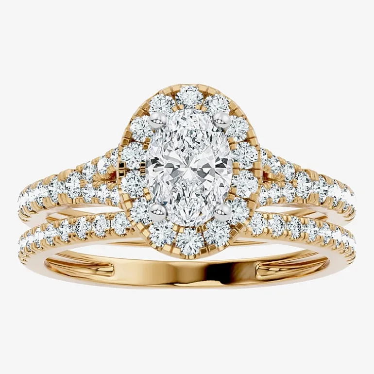(G / Vs2-Si1) Womens 1 CT. T.W. Lab Grown White Diamond 10K Gold Oval Side Stone Halo Bridal Set