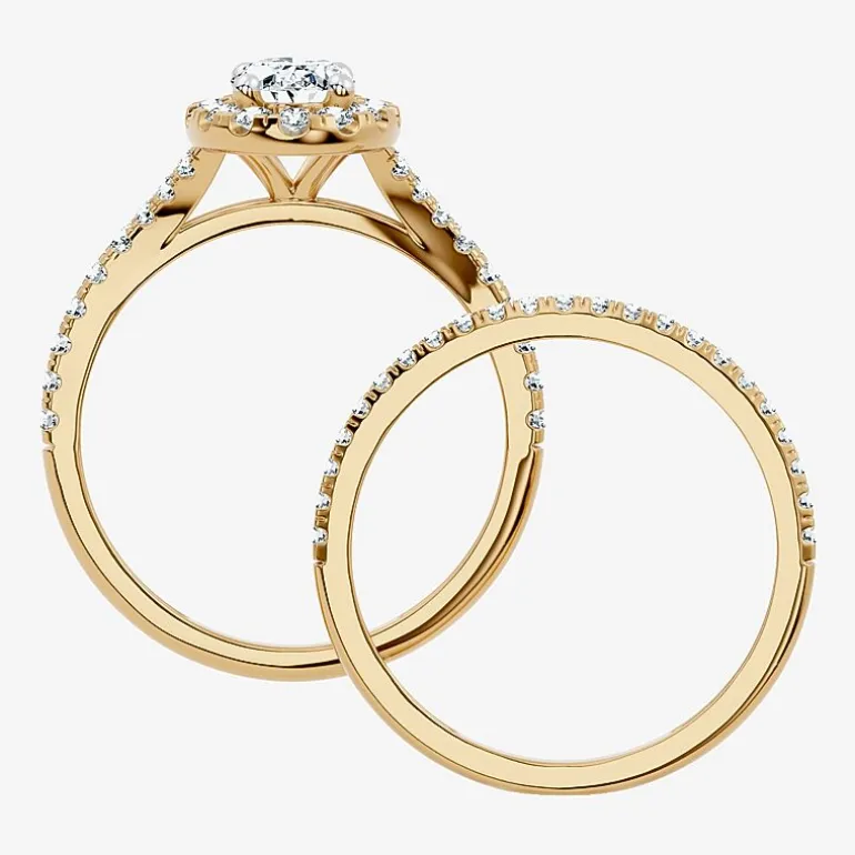 (G / Vs2-Si1) Womens 1 CT. T.W. Lab Grown White Diamond 10K Gold Oval Side Stone Halo Bridal Set