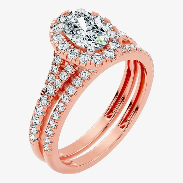 (G / Vs2-Si1) Womens 1 CT. T.W. Lab Grown White Diamond 10K Gold Oval Side Stone Halo Bridal Set