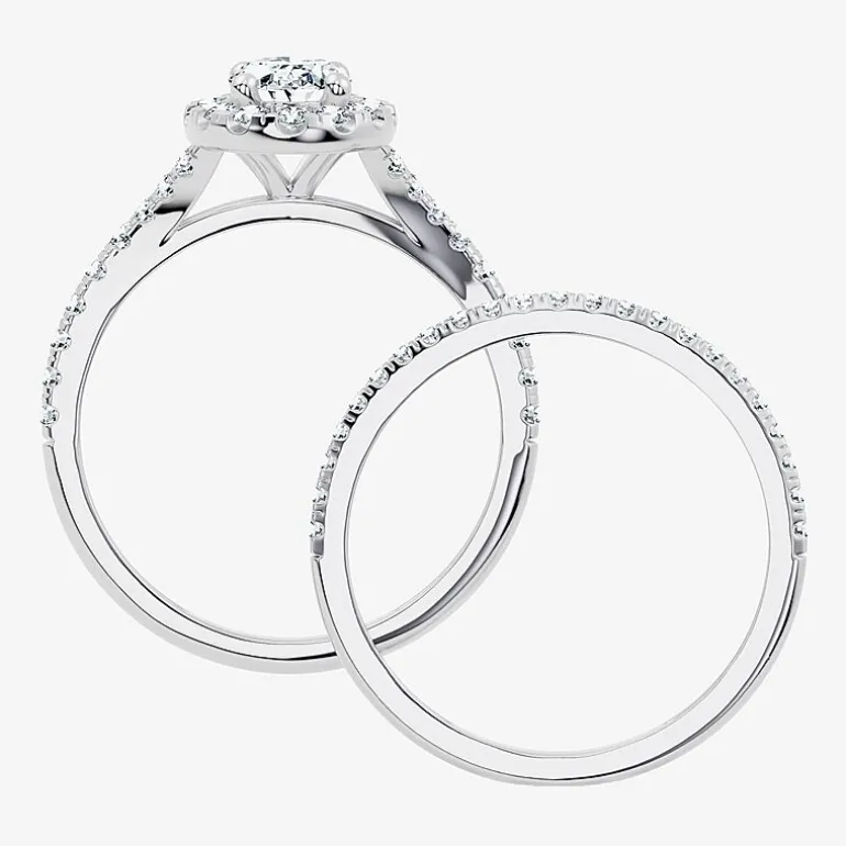 (G / Vs2-Si1) Womens 1 CT. T.W. Lab Grown White Diamond 10K Gold Oval Side Stone Halo Bridal Set