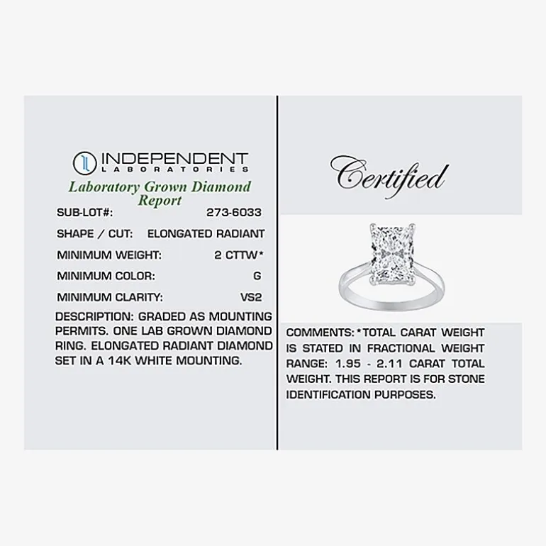 (G / VS2) Womens 2 CT. Lab-Grown White Diamond 14K Gold Radiant-cut Solitaire Engagement Ring