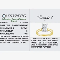 (G / VS2) Womens 2 CT. Lab-Grown White Diamond 14K Gold Radiant-cut Solitaire Engagement Ring