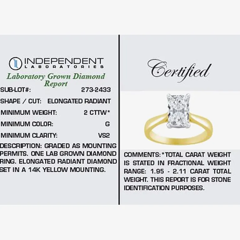 (G / VS2) Womens 2 CT. Lab-Grown White Diamond 14K Gold Radiant-cut Solitaire Engagement Ring
