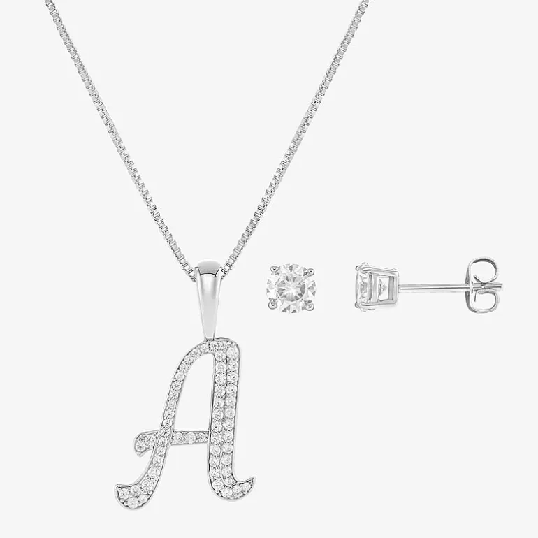 HADLEY & ROW Initial Womens Cubic Zirconia Pure Silver Over Brass 2-pc. Jewelry Set
