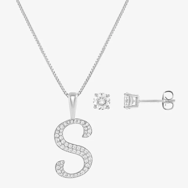 HADLEY & ROW Initial Womens Cubic Zirconia Pure Silver Over Brass 2-pc. Jewelry Set