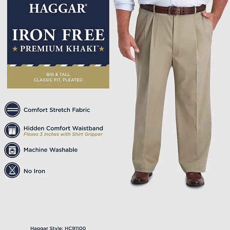 Haggar Iron Free Premium Khaki Mens Classic Fit Big and Tall Pleated Pant
