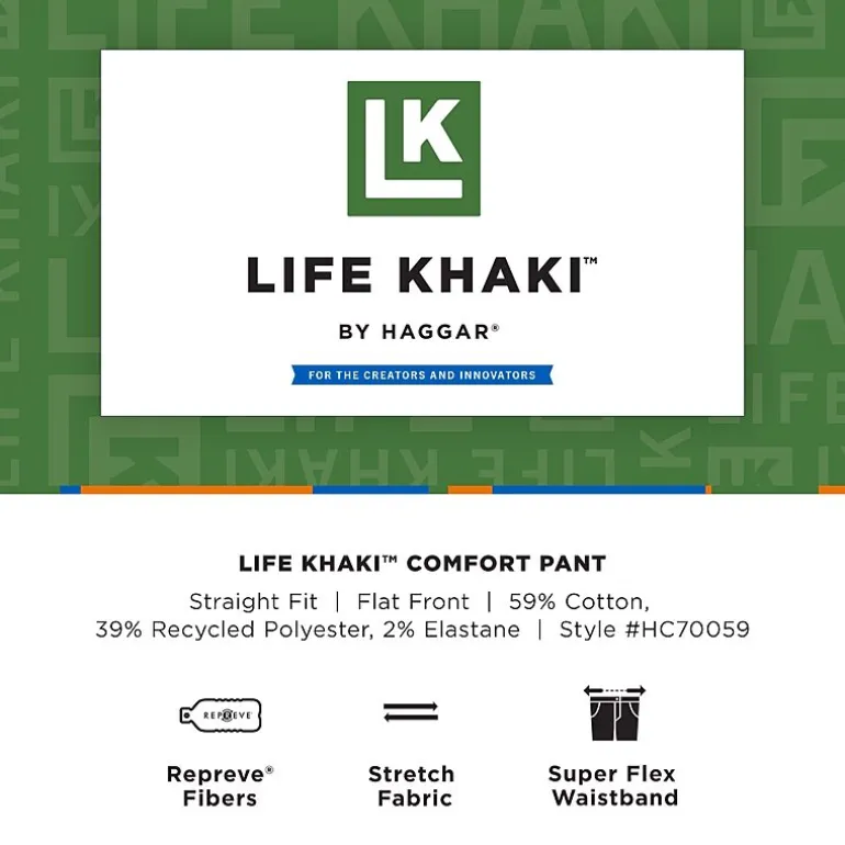 Haggar Life Khaki Comfort Chino Mens Comfort Waistband Straight Fit Flat Front Pant