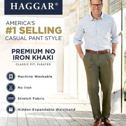 Haggar Premium No Iron Khaki Mens Classic Fit Pleated Pant