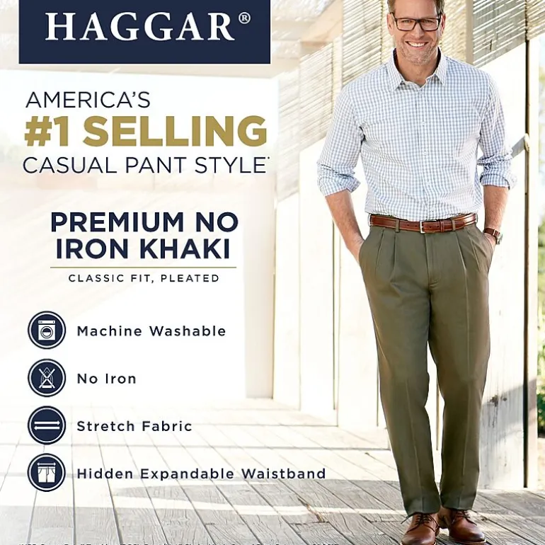 Haggar Premium No Iron Khaki Mens Classic Fit Pleated Pant
