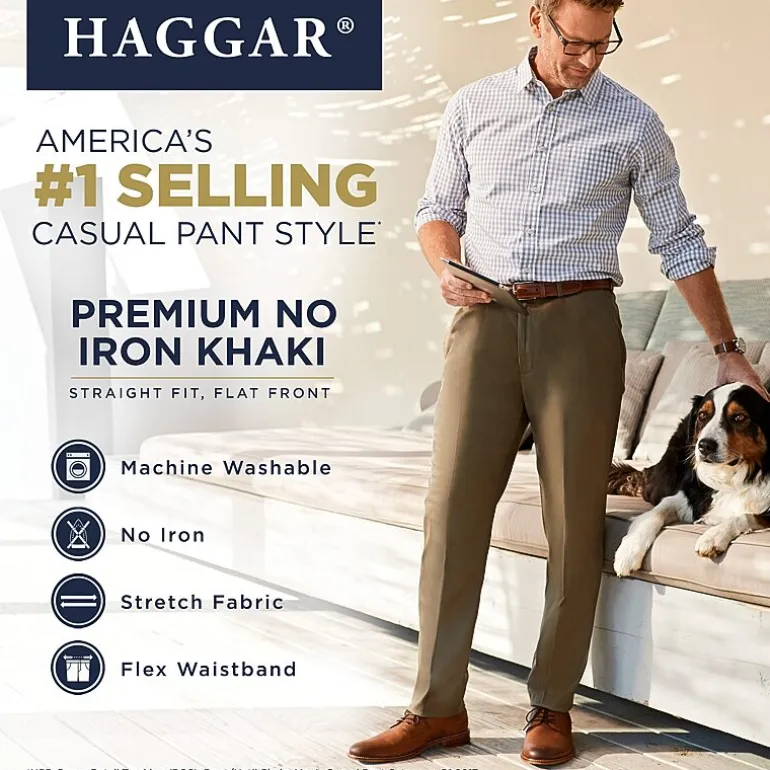 Haggar Premium No Iron Khaki Mens Comfort Waistband Straight Fit Flat Front Pant
