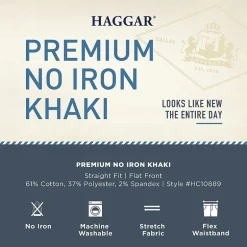 Haggar Premium No Iron Khaki Mens Comfort Waistband Straight Fit Flat Front Pant