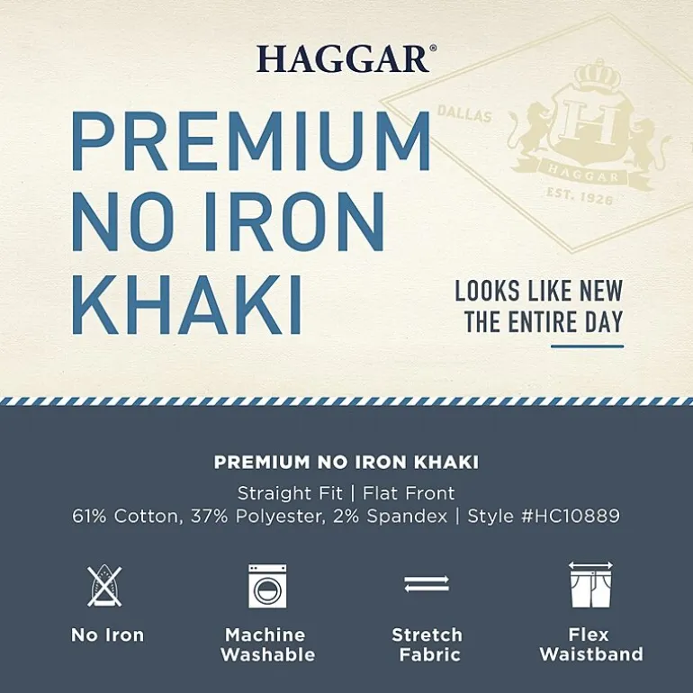 Haggar Premium No Iron Khaki Mens Comfort Waistband Straight Fit Flat Front Pant