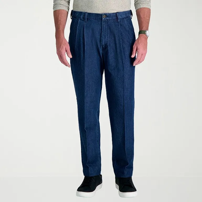Haggar Stretch Denim Mens Classic Fit Pleated Pant