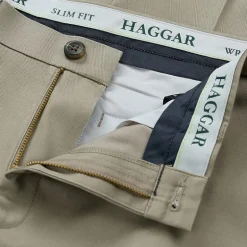 Haggar Wrinkle Free Performance Khaki Mens Comfort Waistband Slim Fit Flat Front Pant
