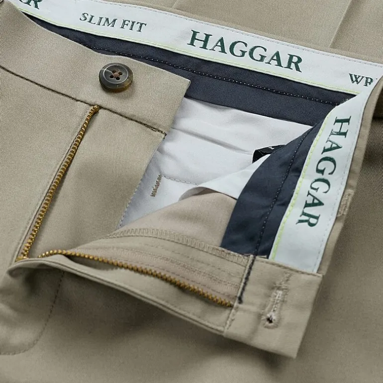 Haggar Wrinkle Free Performance Khaki Mens Comfort Waistband Slim Fit Flat Front Pant