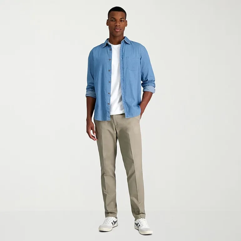 Haggar Wrinkle Free Performance Khaki Mens Comfort Waistband Slim Fit Flat Front Pant