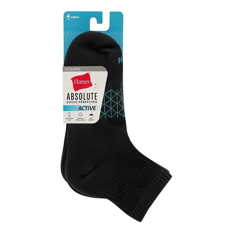 Hanes Absolute Active Womens Breathable 4 Pair Quarter Ankle Socks