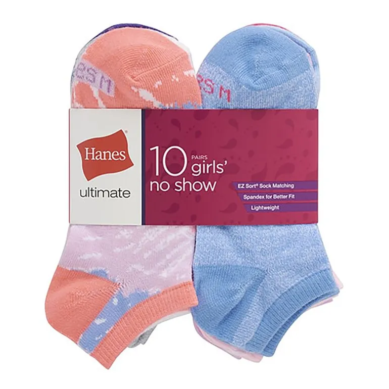 Hanes Big Kid Girls Multi-Pack 10 Pair Low Cut Socks