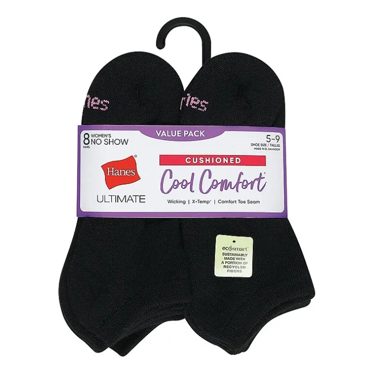 Hanes Cool Comfort Cushion Womens Multi-Pack 8 Pair No Show Socks