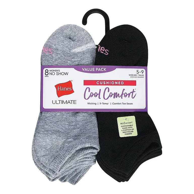 Hanes Cool Comfort Cushion Womens Multi-Pack 8 Pair No Show Socks