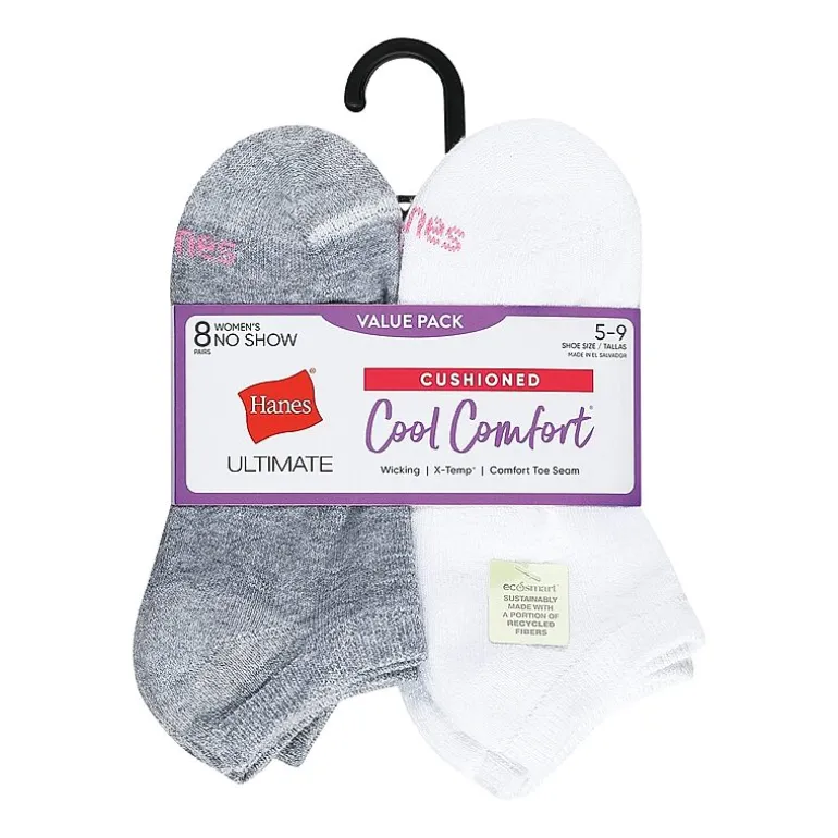Hanes Cool Comfort Cushion Womens Multi-Pack 8 Pair No Show Socks