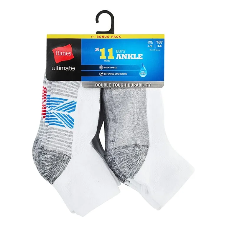 Hanes Little & Big Kid Boys Breathable 10+1 Bonus Pairs Quarter Ankle Socks