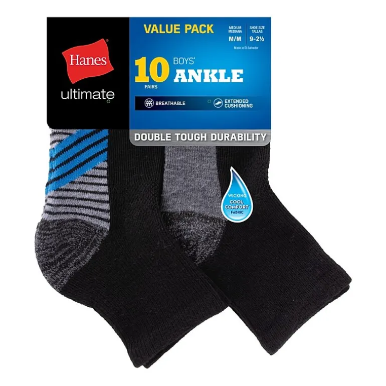 Hanes Little & Big Kid Boys Multi-Pack 10 Pair Quarter Ankle Socks