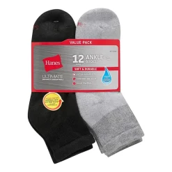 Hanes Ultimate Mens Multi-Pack 12 Pair Quarter Ankle Socks