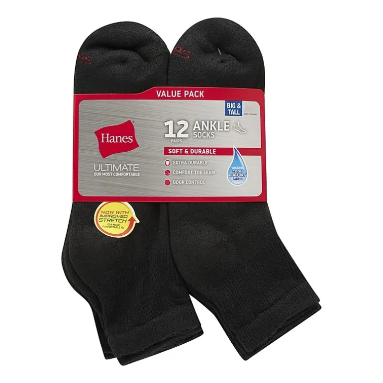 Hanes Ultimate Mens Multi-Pack 12 Pair Big and Tall Quarter Ankle Socks